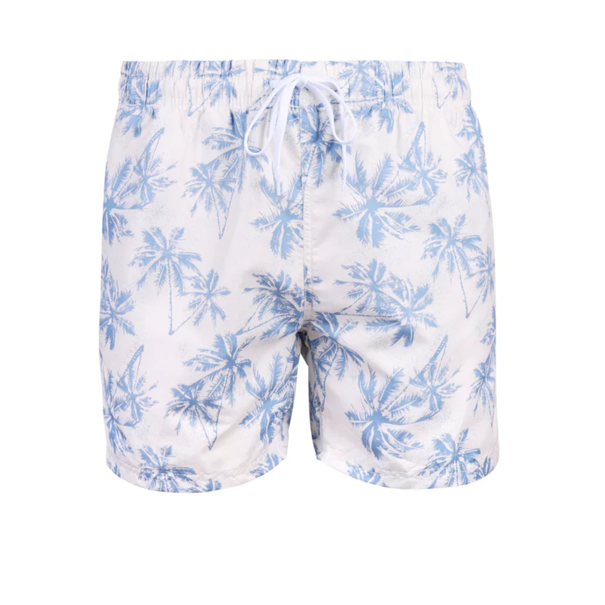 Men's white tropical swim shorts – light blue palm tree print with white drawstring